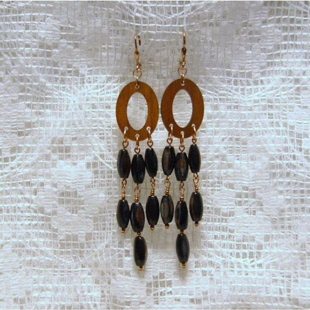 Handmade Shell, Copper & Wood Chandelier Earrings